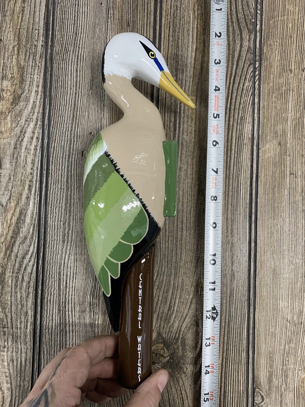 BRAND NEW Central Waters Original Hand Painted 12” Green Heron Beer Tap Handle