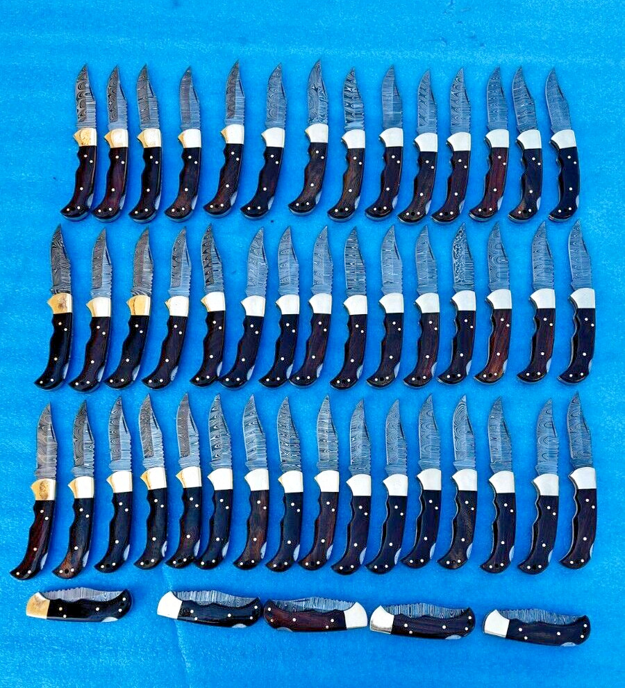 LOT of 50 PCS Damascus handmade back lock Folding pocket Hunting knife  Pouch