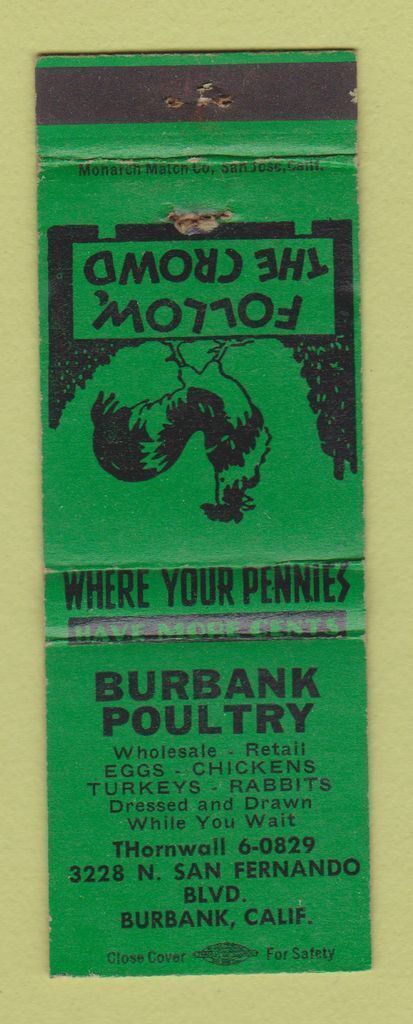 Matchbook Cover - Burbank Poultry Burbank CA