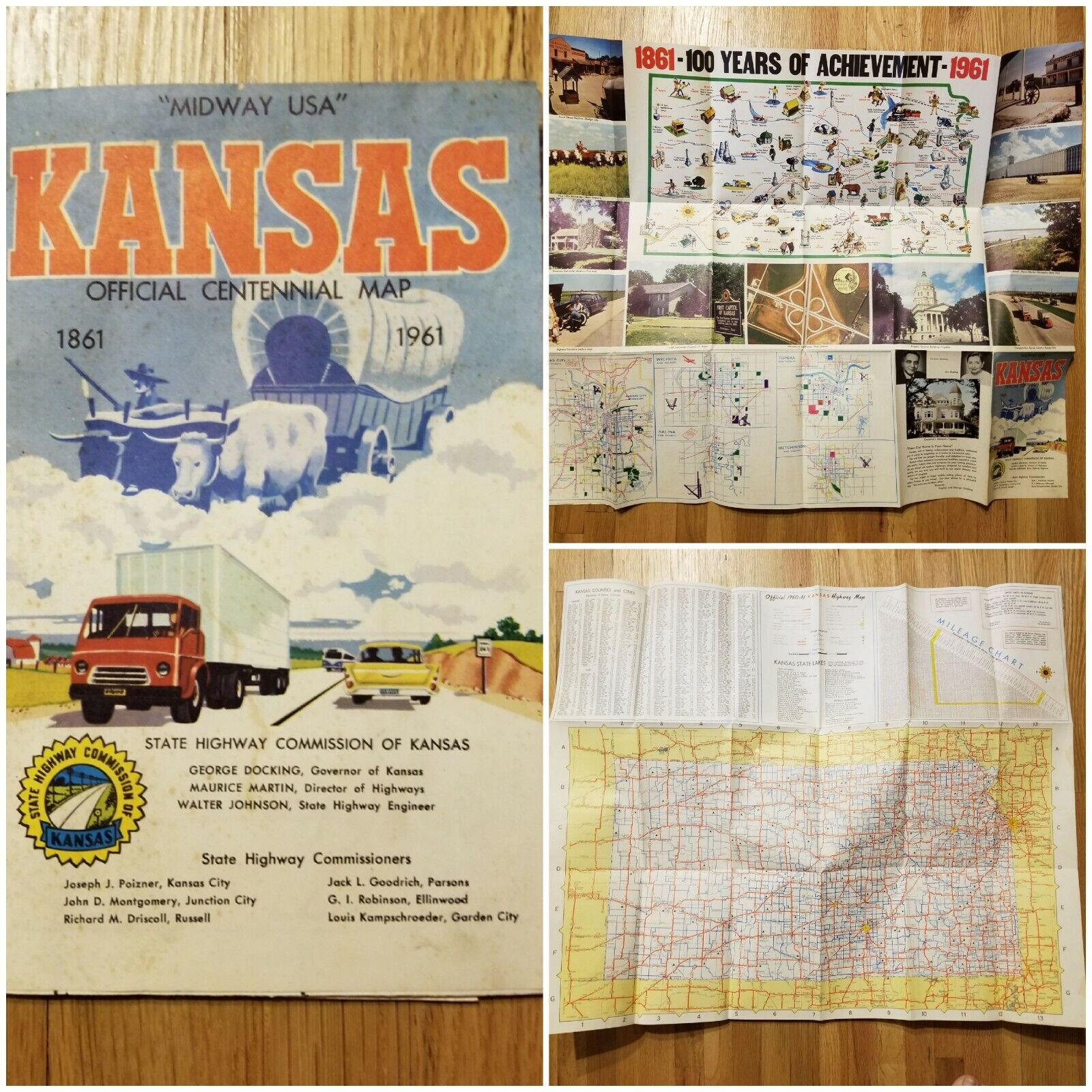 Kansas Official Centennial Map 1861-1961 State Highway Commission Midway USA