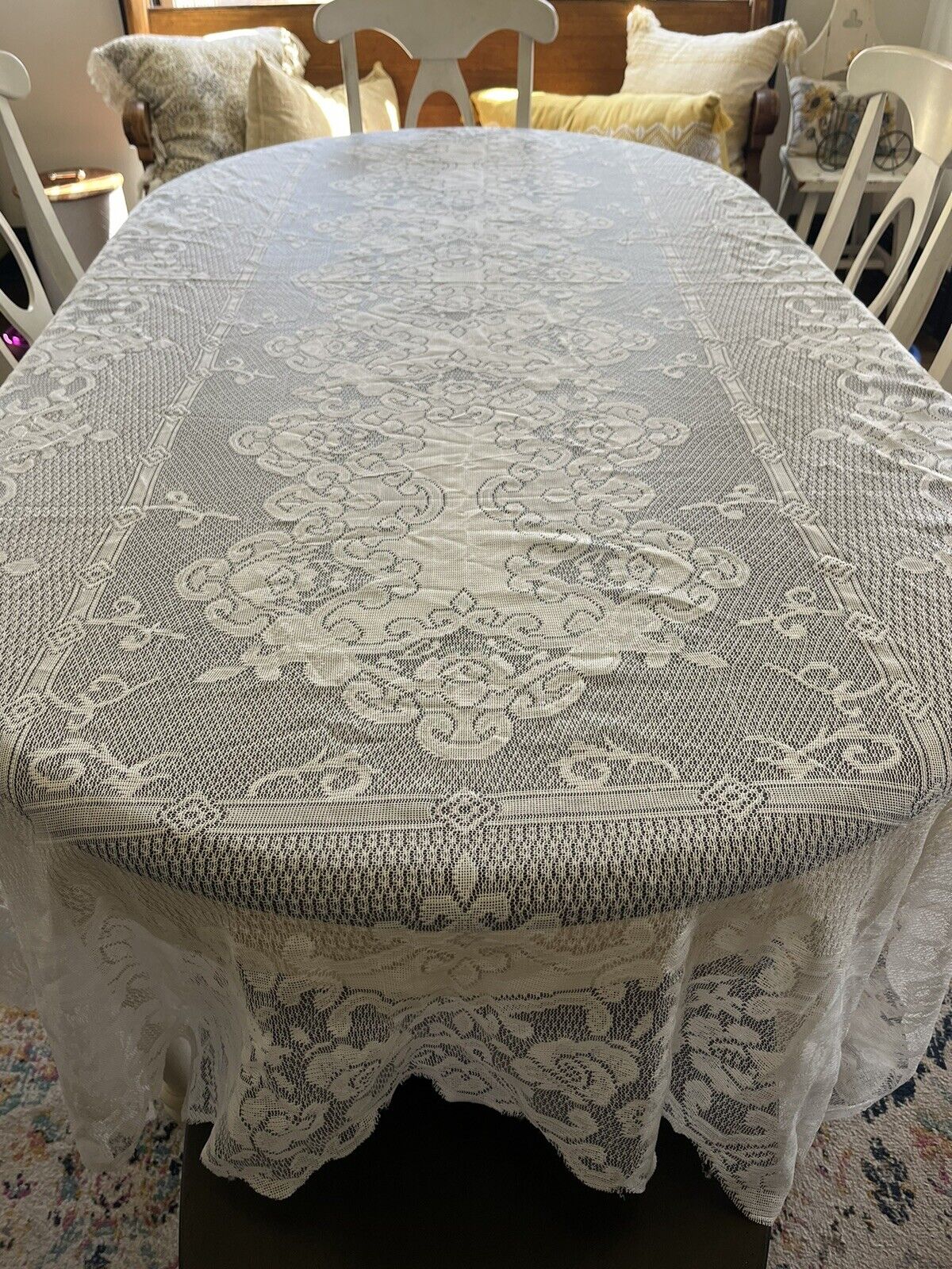 Vintage Laura Ashley Lace Tablecloth Shabby Approx 100” X 56” Rectangle 
