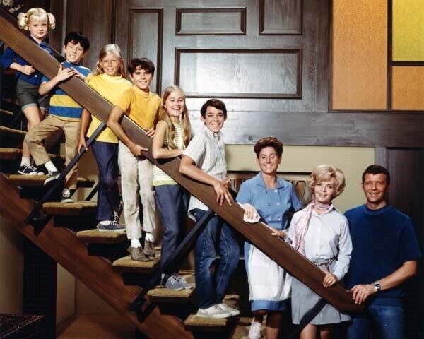 The Brady Bunch classic family line-up season one on staircase 8x10 inch photo