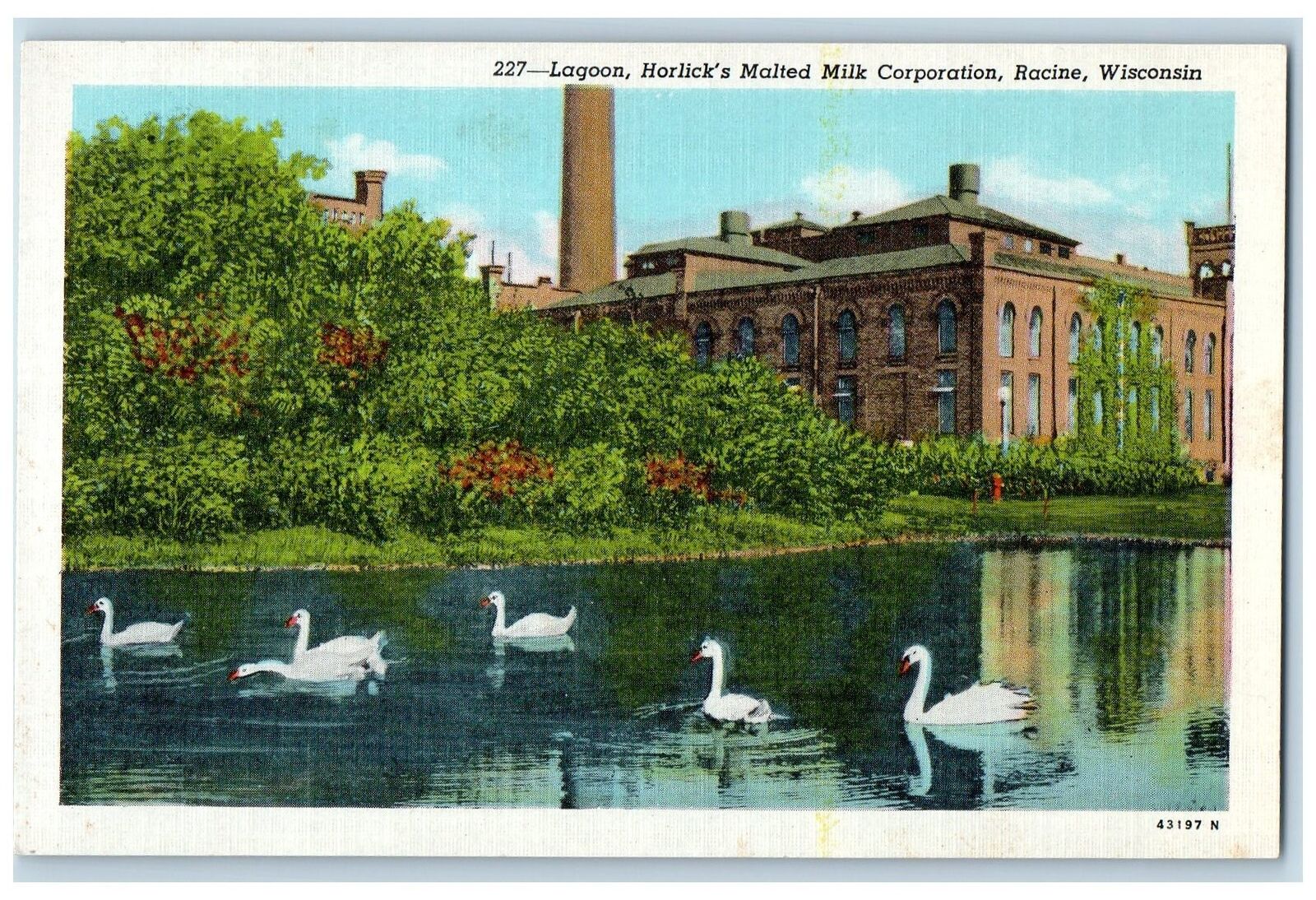 c1940 Lagoon Horlick\'s Malted Milk Corporation Factory Ducks Racine WI Postcard