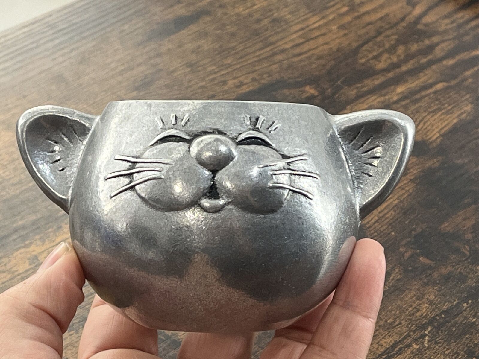 Vintage 1985 Wilton Pewter Children\'s Cat Cup Mug Ear Handles Collectible