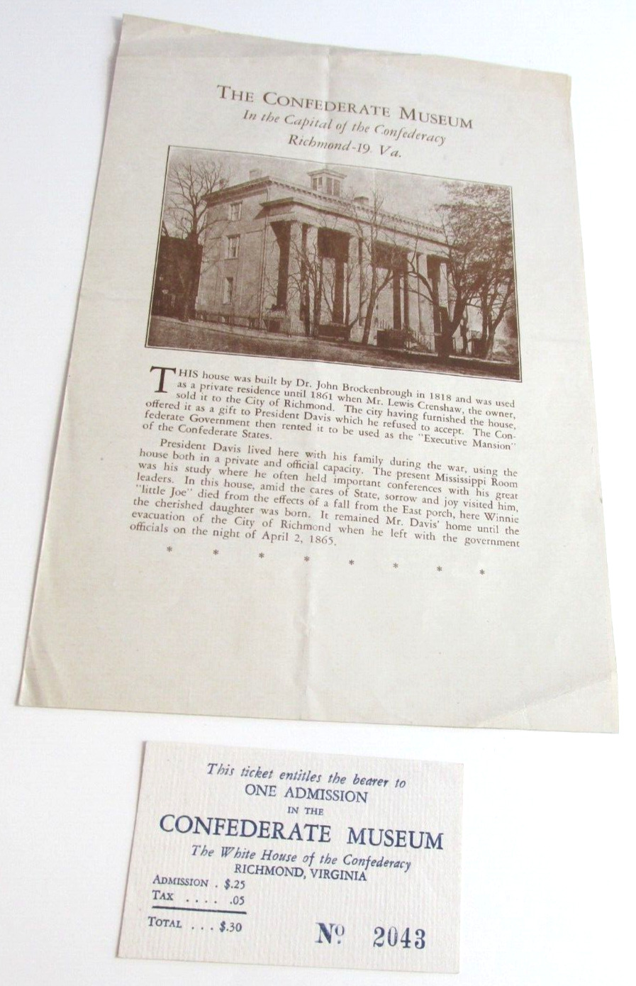 Vintage Brochure and Ticket From CONFEDERATE MUSEUM RICHMOND VIRGINIA, Va. 1950s