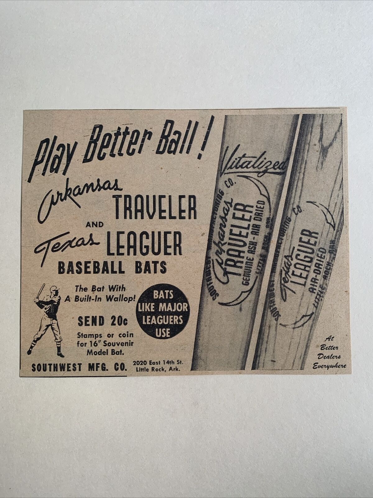 Arkansas Traveler Texas Leaguer Bats 1949 Sporting News Baseball 5X6 Ad