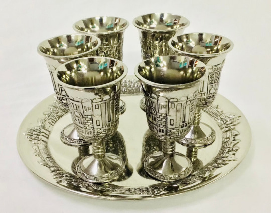 Kiddush Silver Set One Vintage Silver Tray + 6 Small Kiddush Cups 