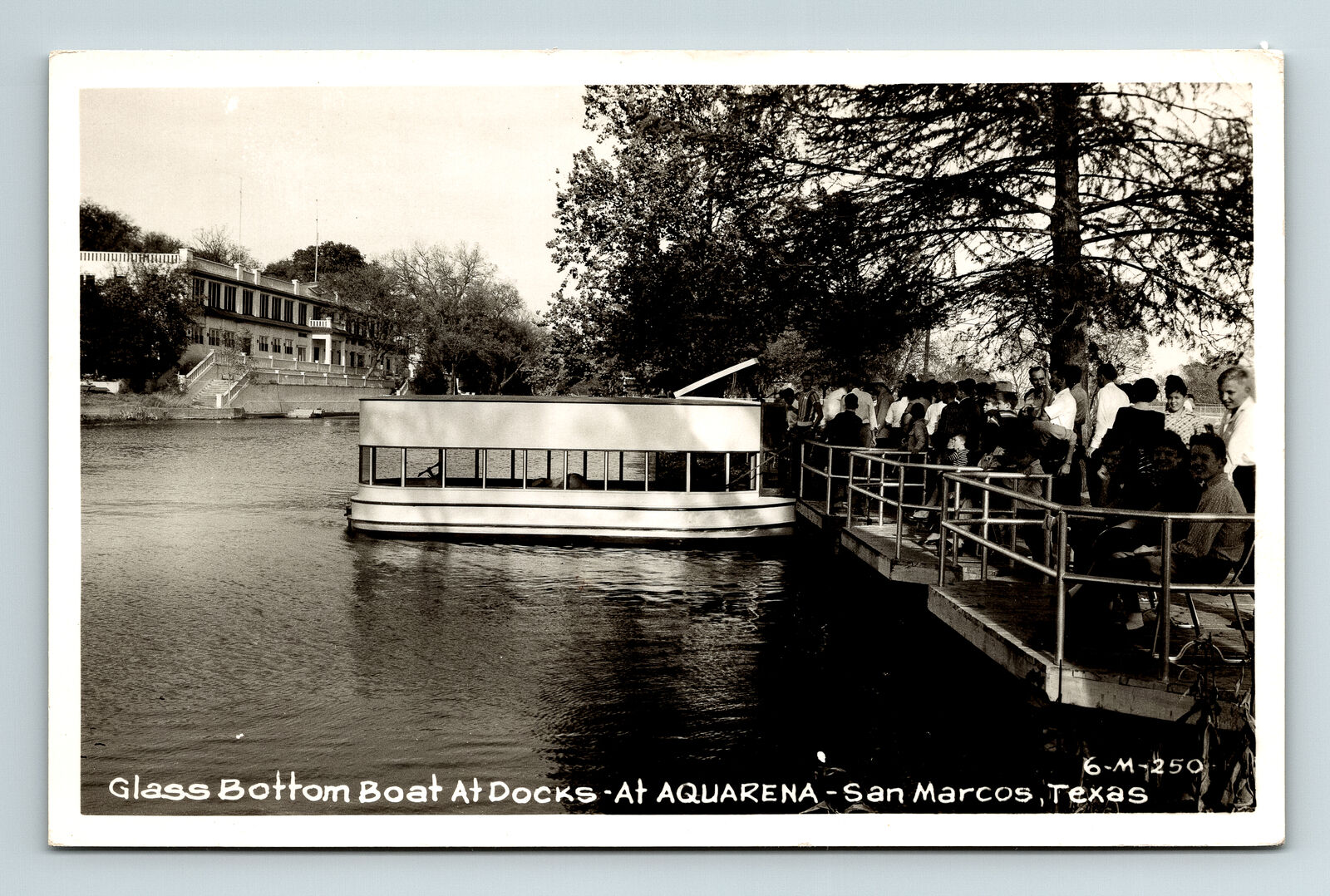 RPPC Postcard San Marcos TX Texas Glass Bottom Boat at Docks at Aquarena