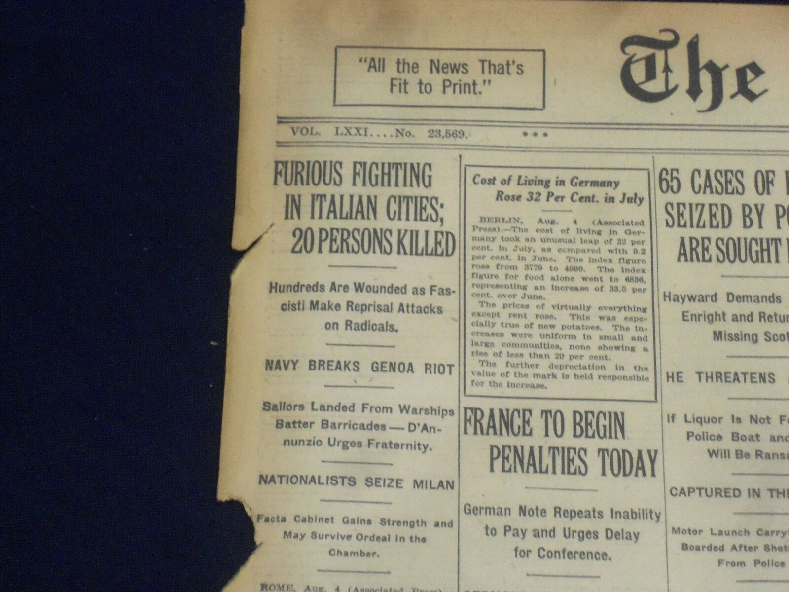 1922 AUGUST 5 NEW YORK TIMES - FURIOUS FIGHTING IN ITALIAN CITIES - NT 8363