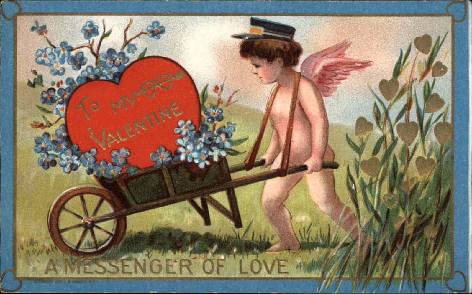 Valentine Fantasy Cupid Messenger Delivery Wheelbarrow c1910 Vintage Postcard