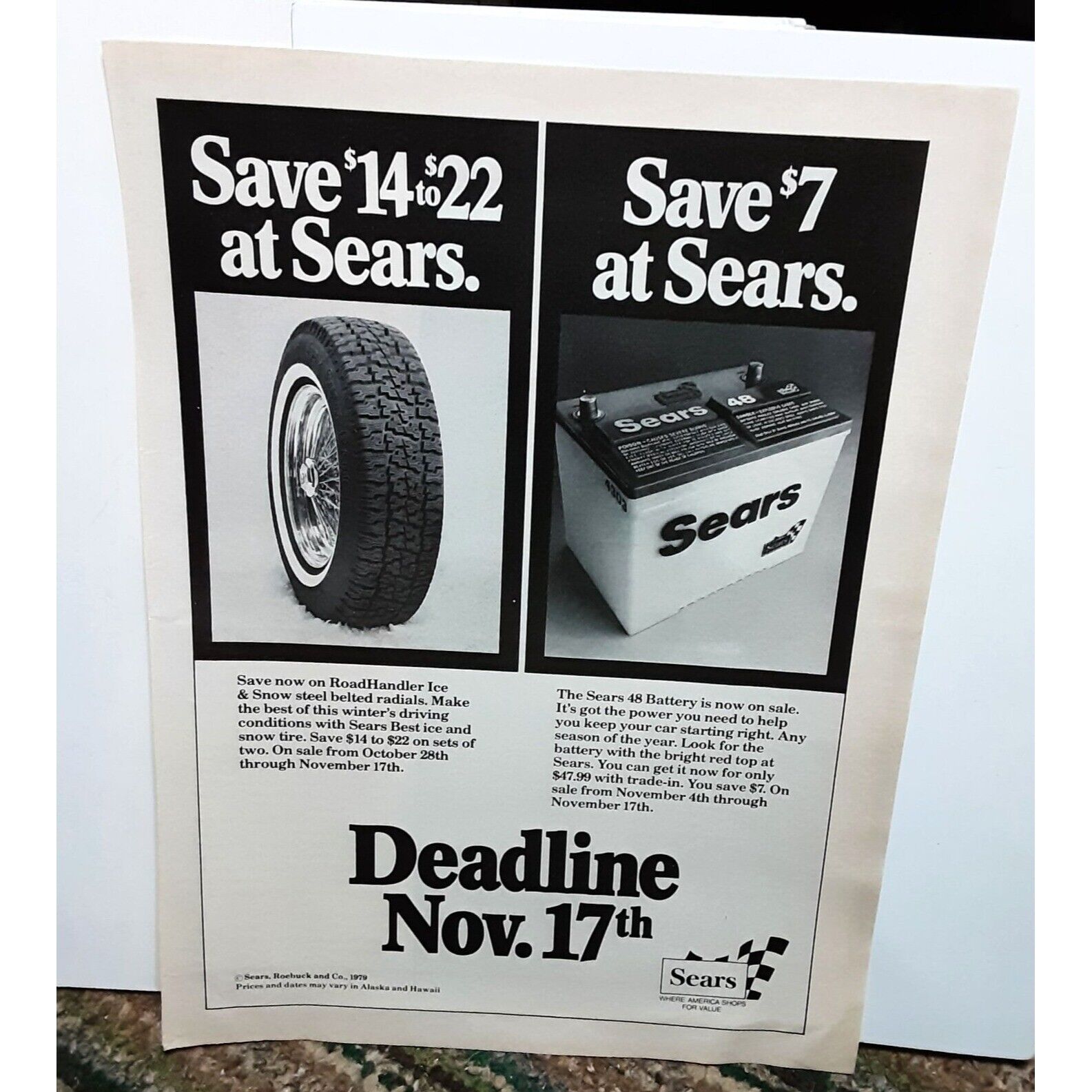 1979 Sears Roadhandler Tires and Battery Print Ad vintage 70s