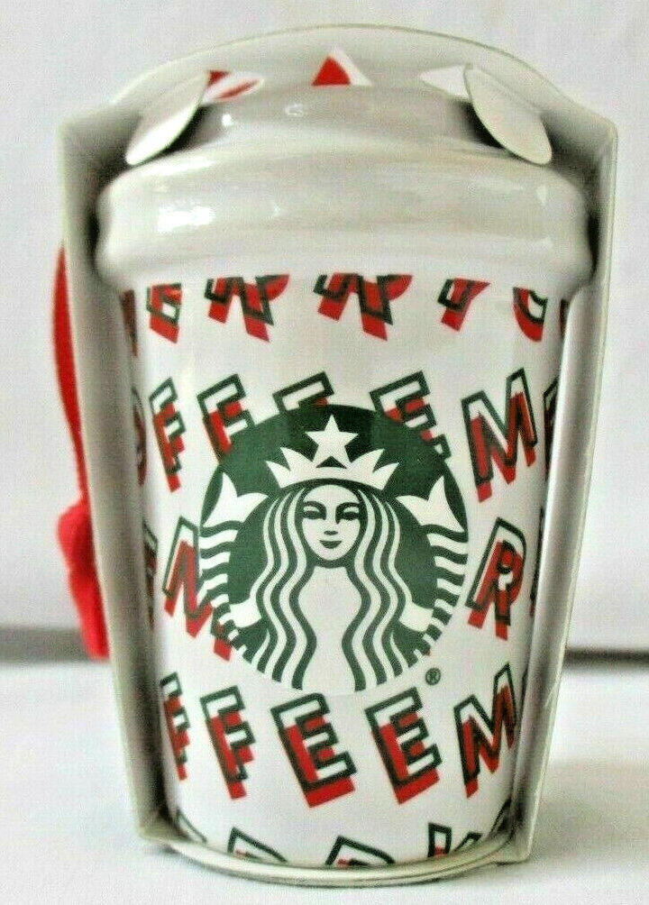 STARBUCKS 2019 Holiday MERRY COFFEE CHRISTMAS ORNAMENT White and Red Ceramic Cup