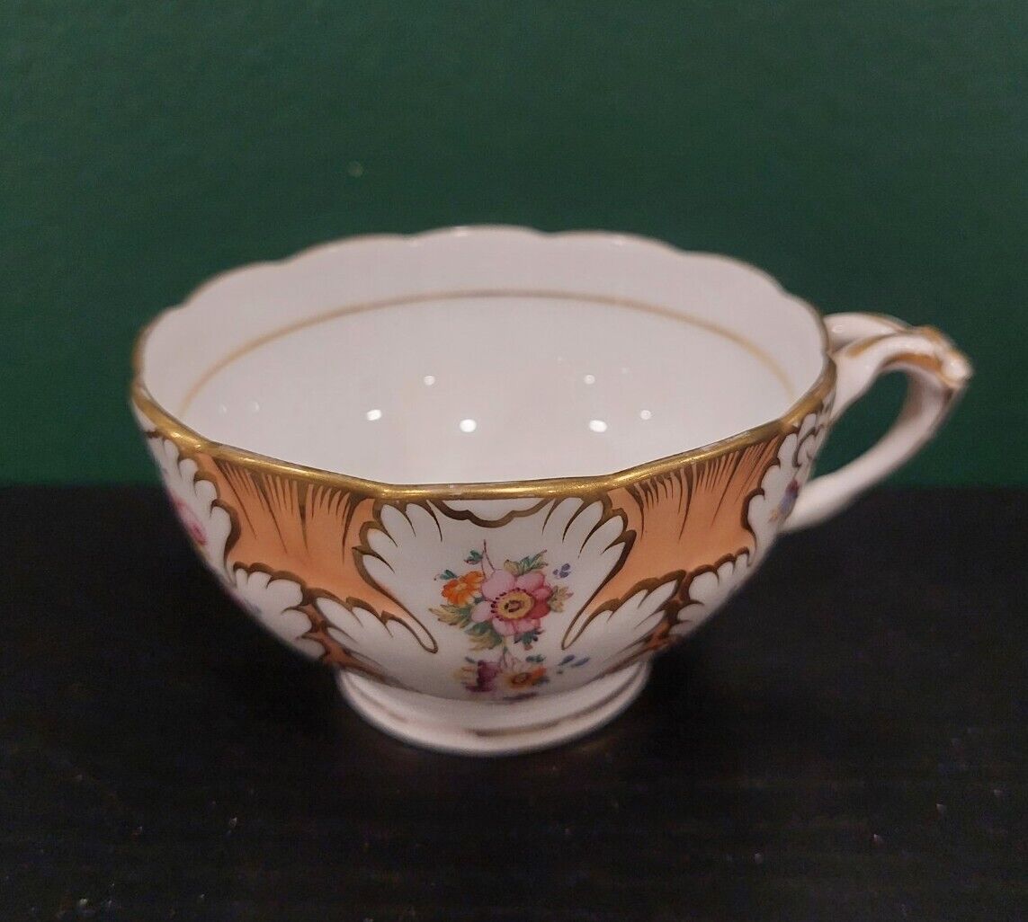 Antique Ridgway tea cup 5/3000 c.1820 Apricot Gold Hand Painted Flowers