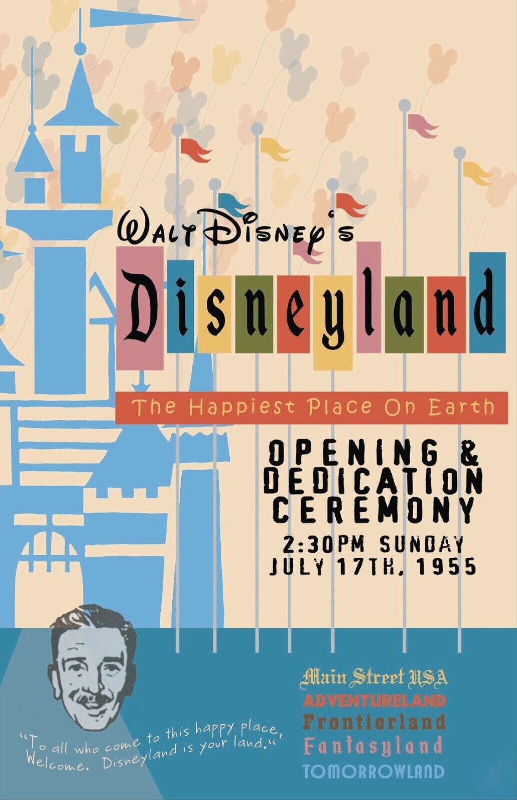 Walt Disney Disneyland Opening Dedication Happiest Place on Earth Poster