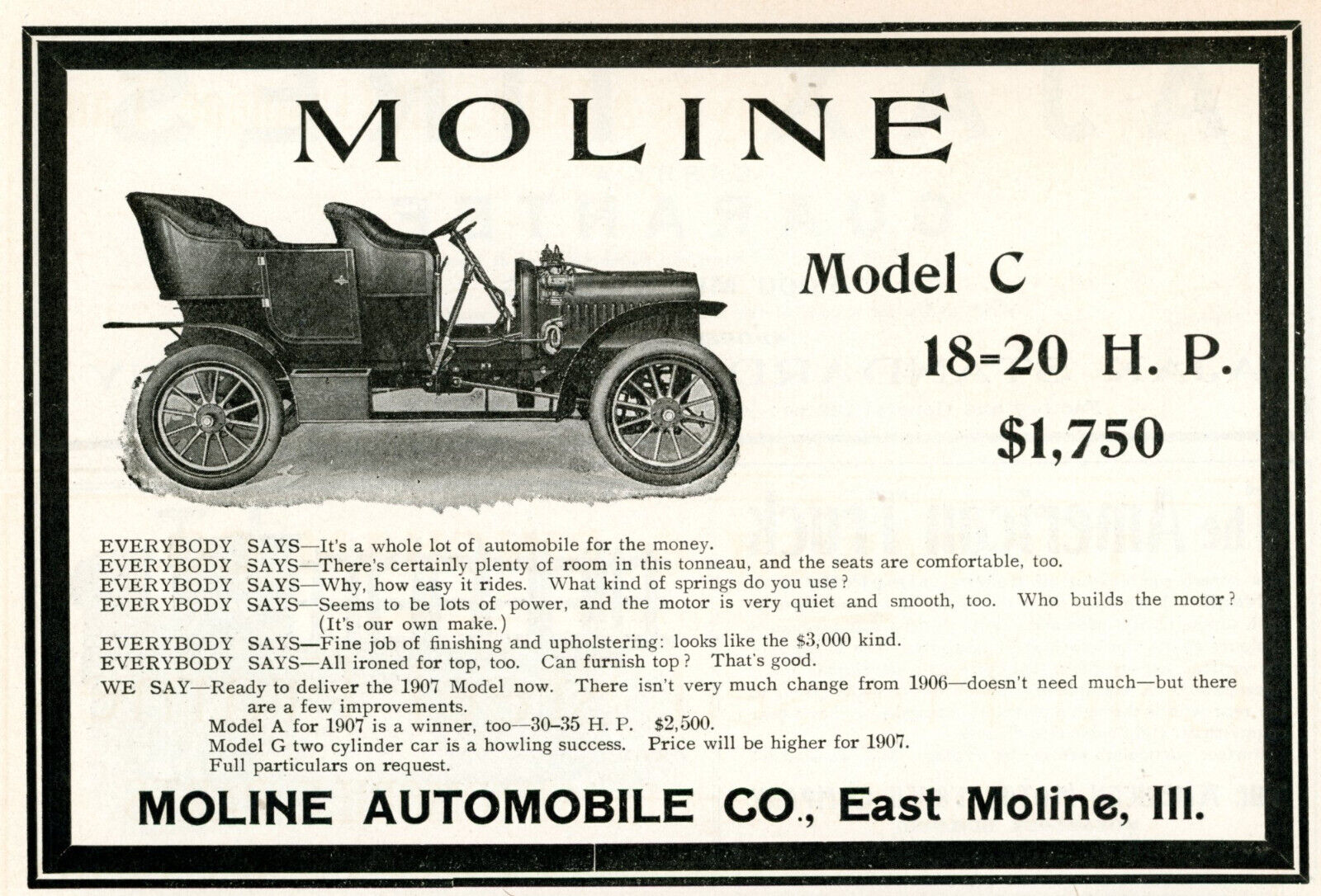 1906 Original Moline Model C Ad. 18-20 HP $1,750 + Compound 16 HP Light Touring