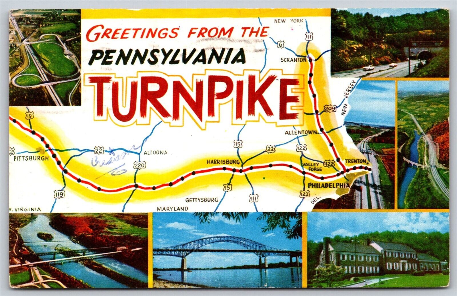 Postcard Greetings from Pennsylvania Turnpike chrome map U114