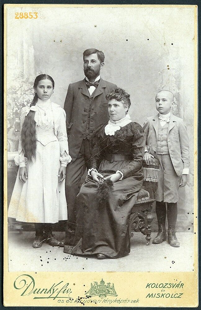girl w amazing hair, family in studio,  Cabinet Card, by DUNKY 1890 KOLOZSVÁR