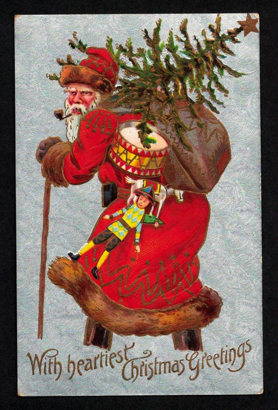 5001 Antique Vintage Christmas Postcard Santa Pipe Horse Tree RANSOM MICHIGAN 09