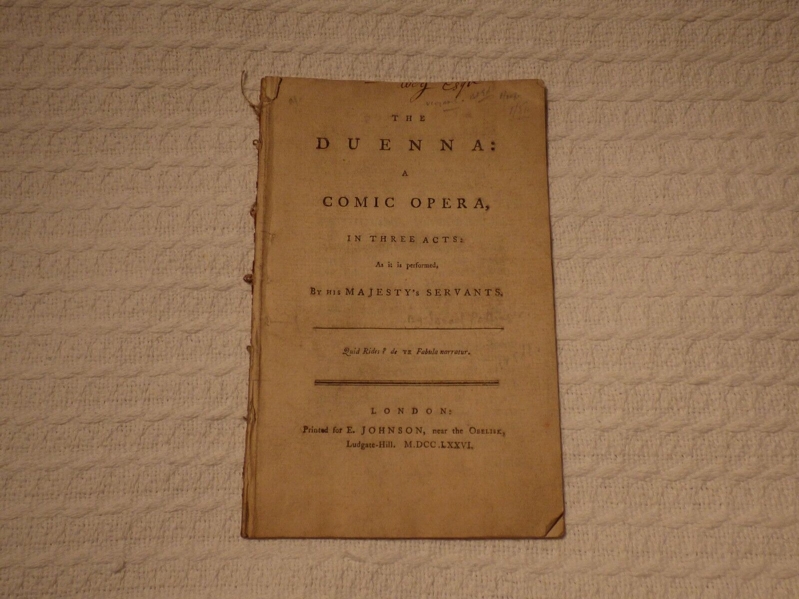 Antique Georgian Play Theatre Script – The Duenna Comic Opera Thomas Linley 1776