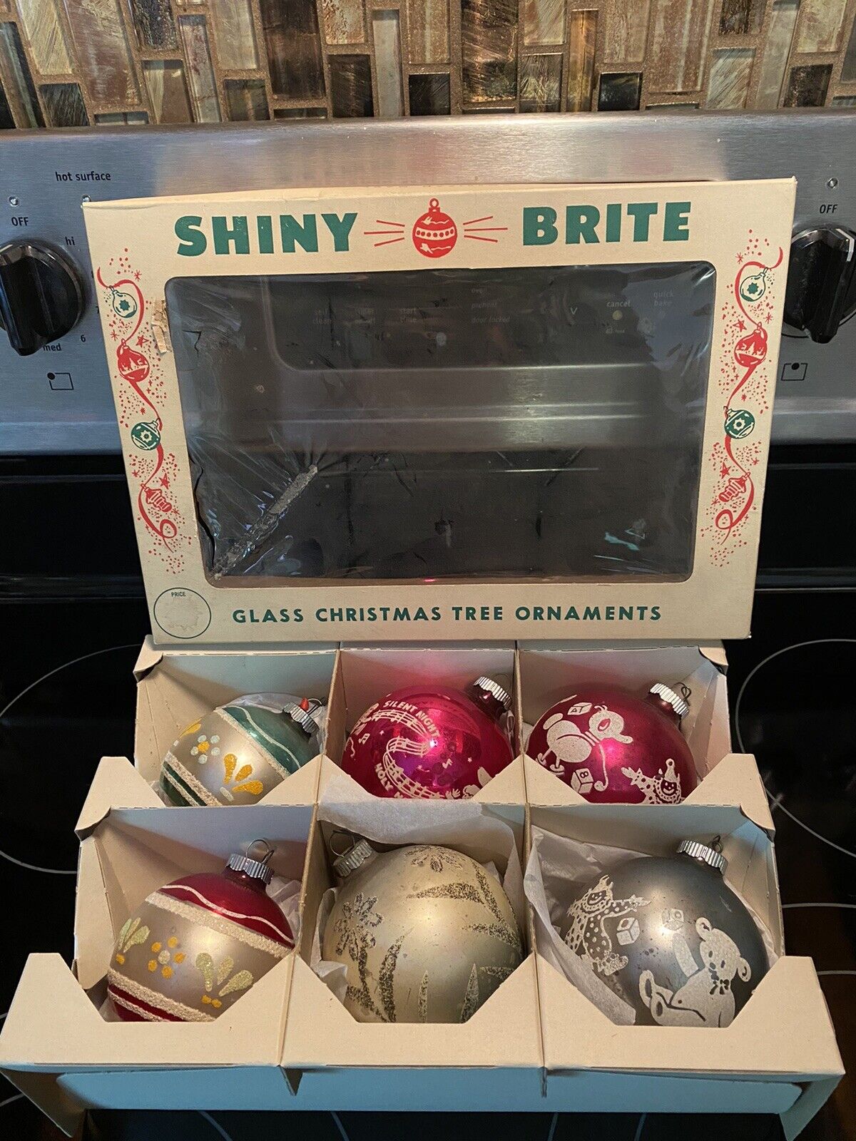 Box of 6 JUMBO Vintage SHINY BRITE Christmas Balls, Stenciled, Glitter Pink