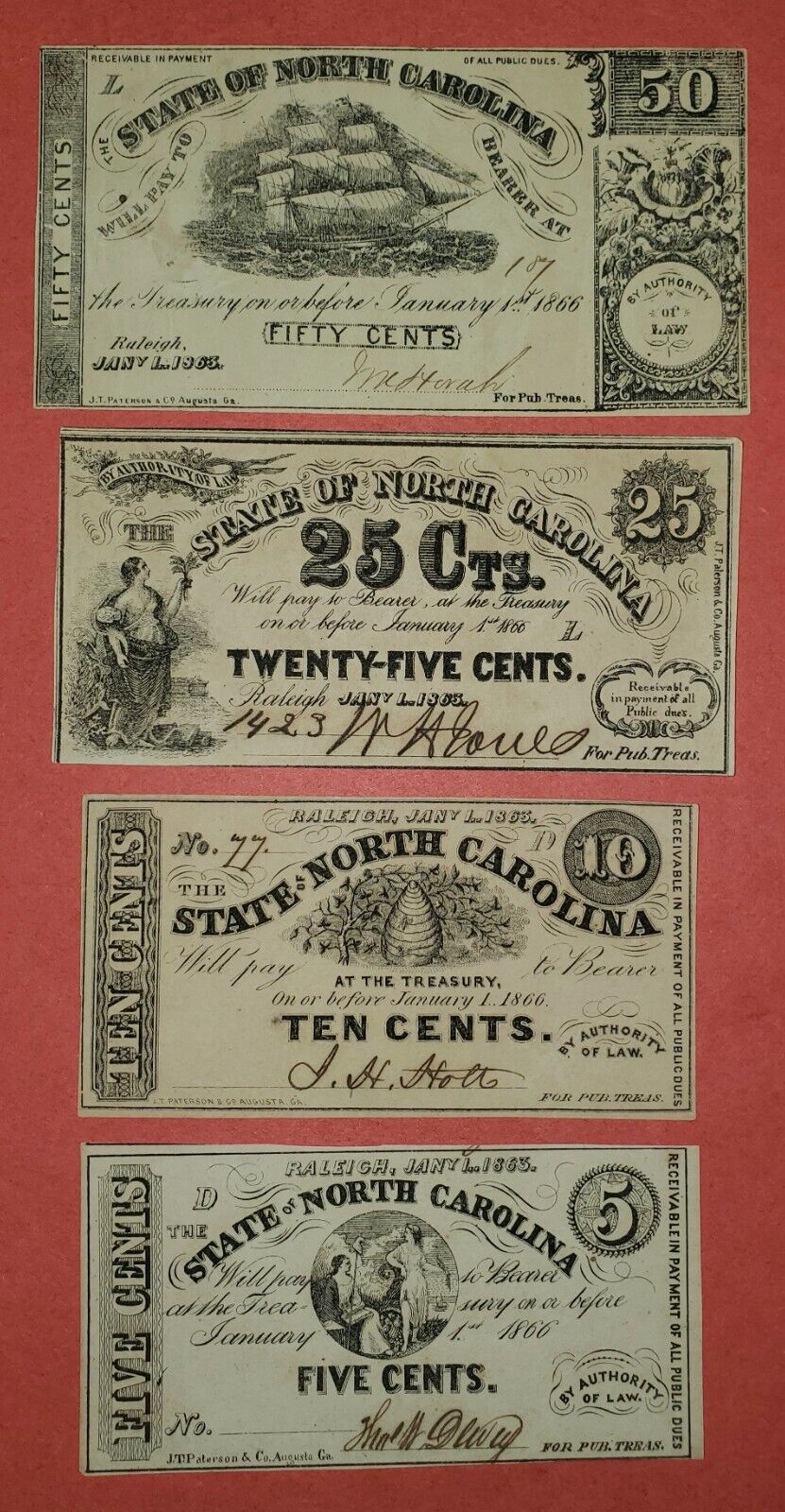 Four Different 1863 State of North Carolina Fractional Notes