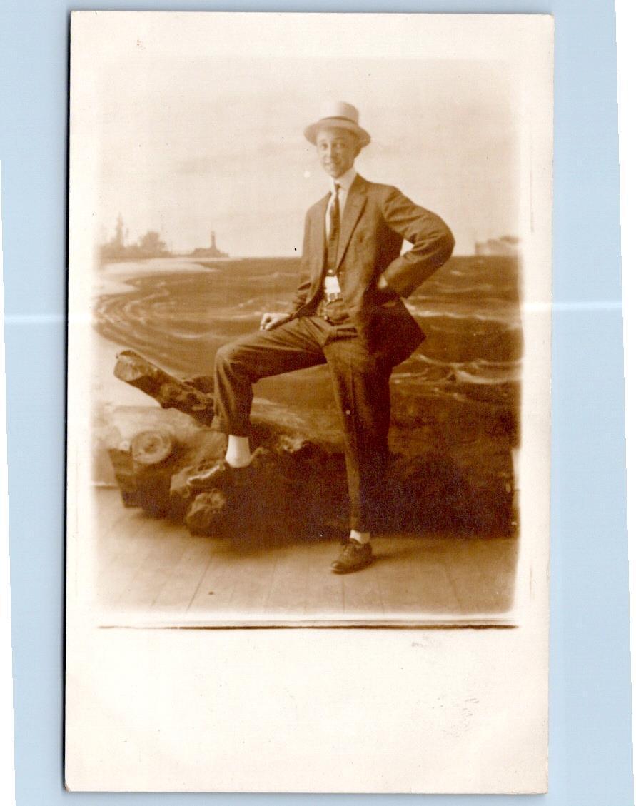 RPPC PARK STUDIOS MICHIGAN CITY INDIANA DAPPR MAN LIGHTHOUSE BEACH SCENE 1910's