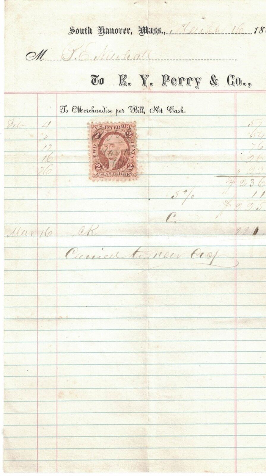 Bill from E.Y. Perry Company Hanover Ma. 1867