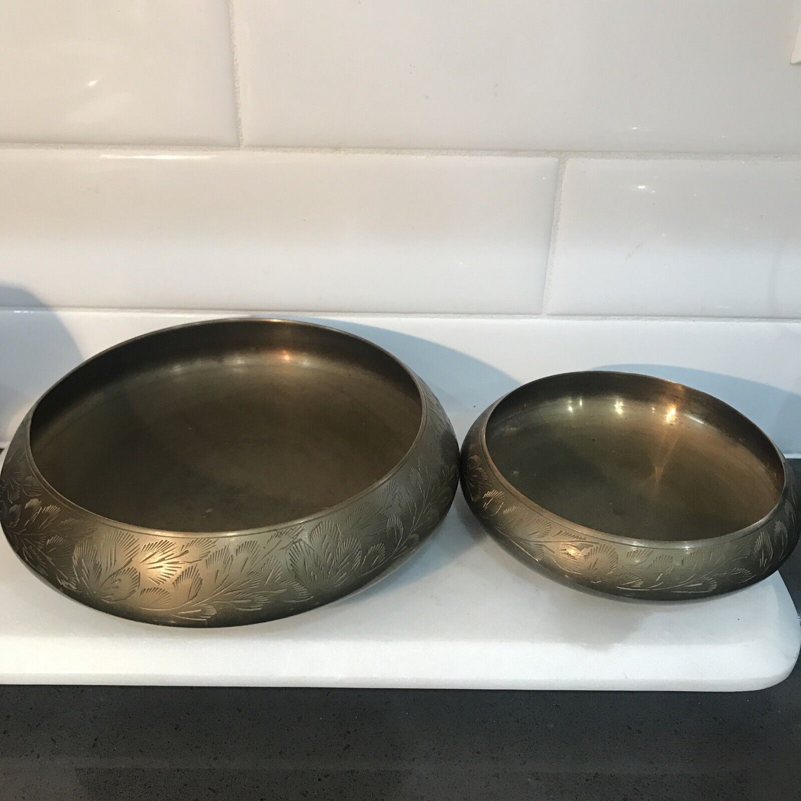 Two Etched Brass Trincket Bowls With Patina Made In India