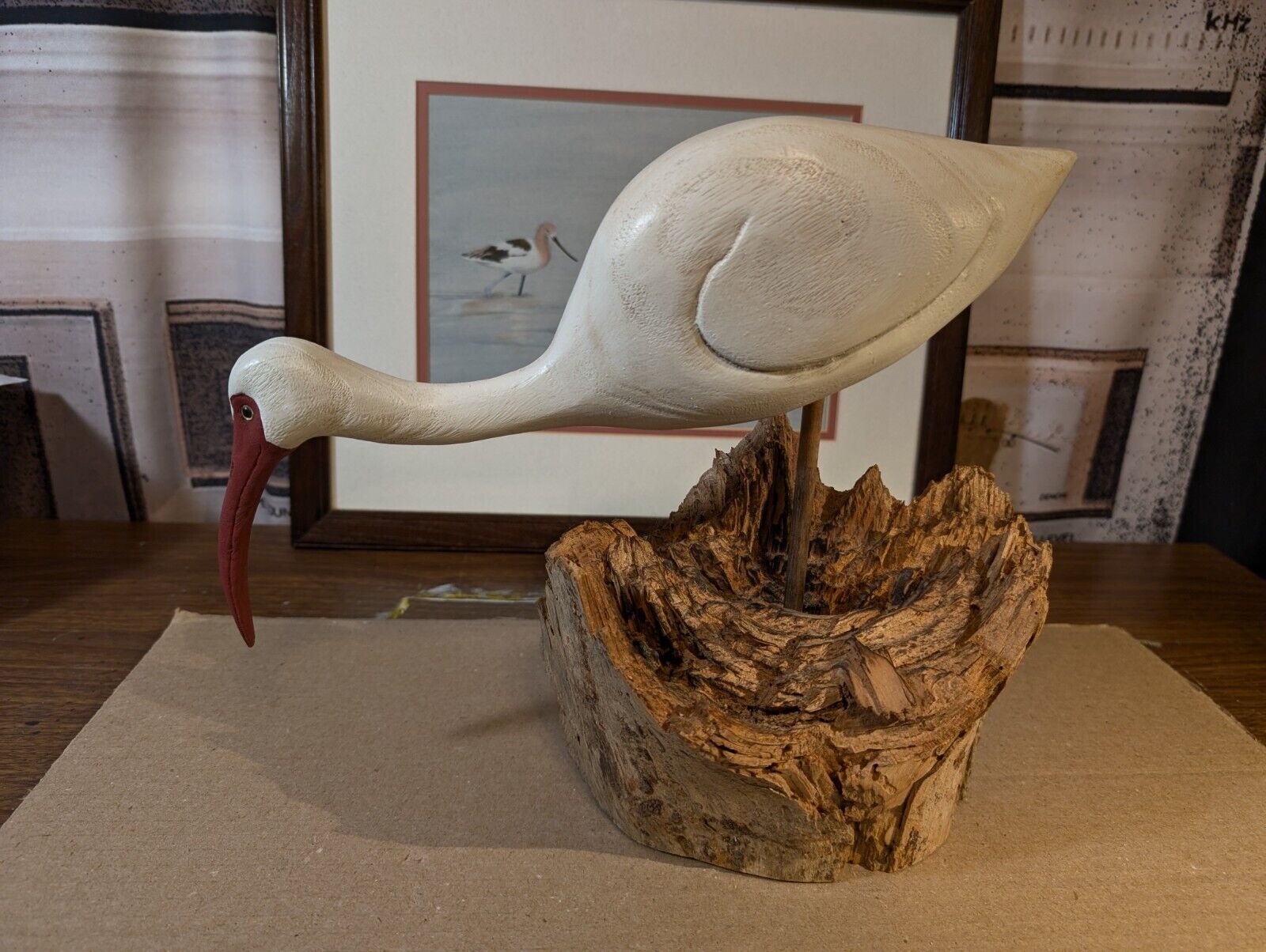 White Ibis shorebird carving on driftwood base - Signed but I can\'t read it