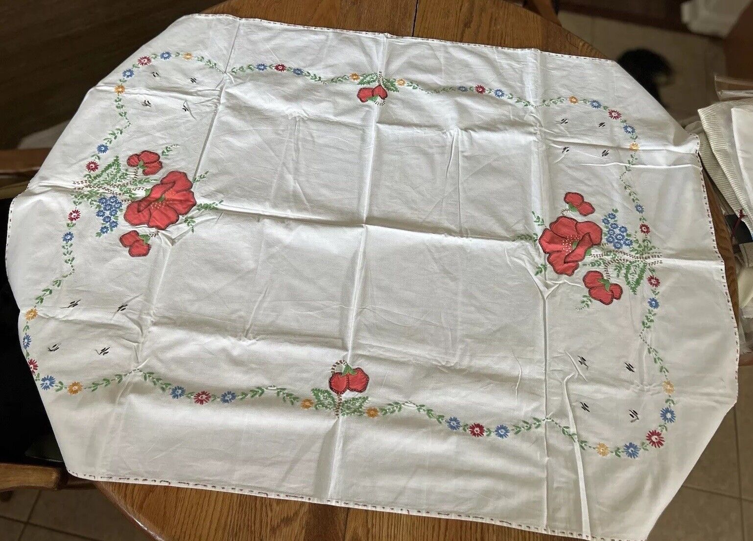 Linen Tablecloth-embroidered Flowers-appliqué  Hand Stitched Trim Vintage