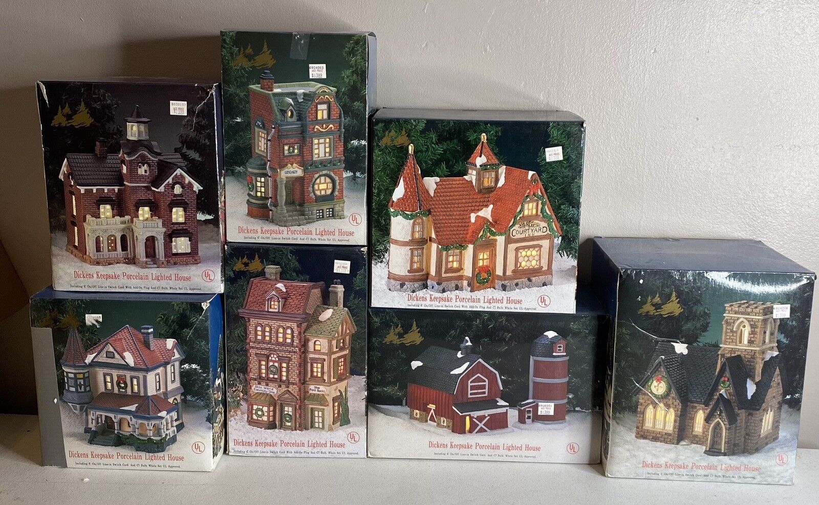 Lot Of 7 1990\'s Dickens Keepsake Porcelain Lighted Christmas Village Houses