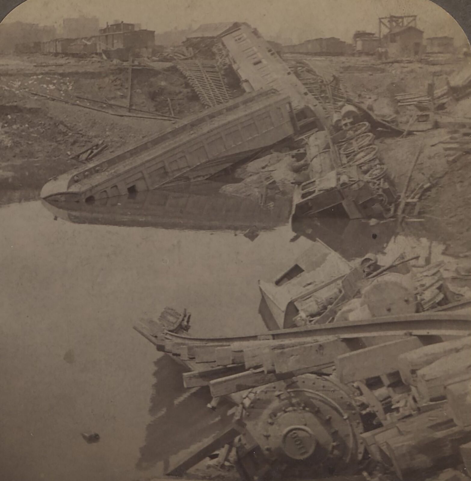 Train Wreck Great Flood Kansas City MO Sink Hole Santa Fe Yards Stereoview 1903