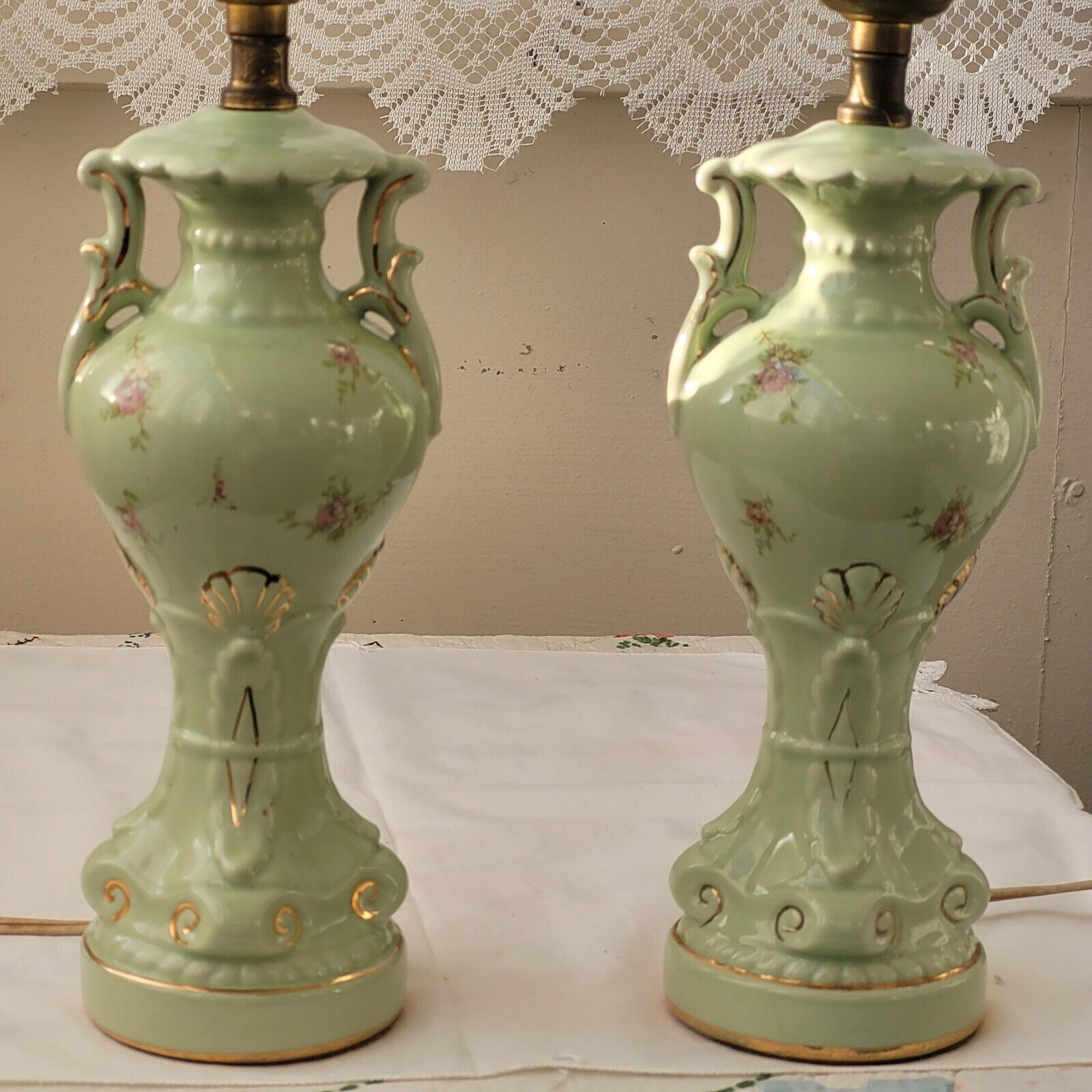 Pair Chartreuse Side Lamps W/ Gold Trim Floral Design Handles 12\