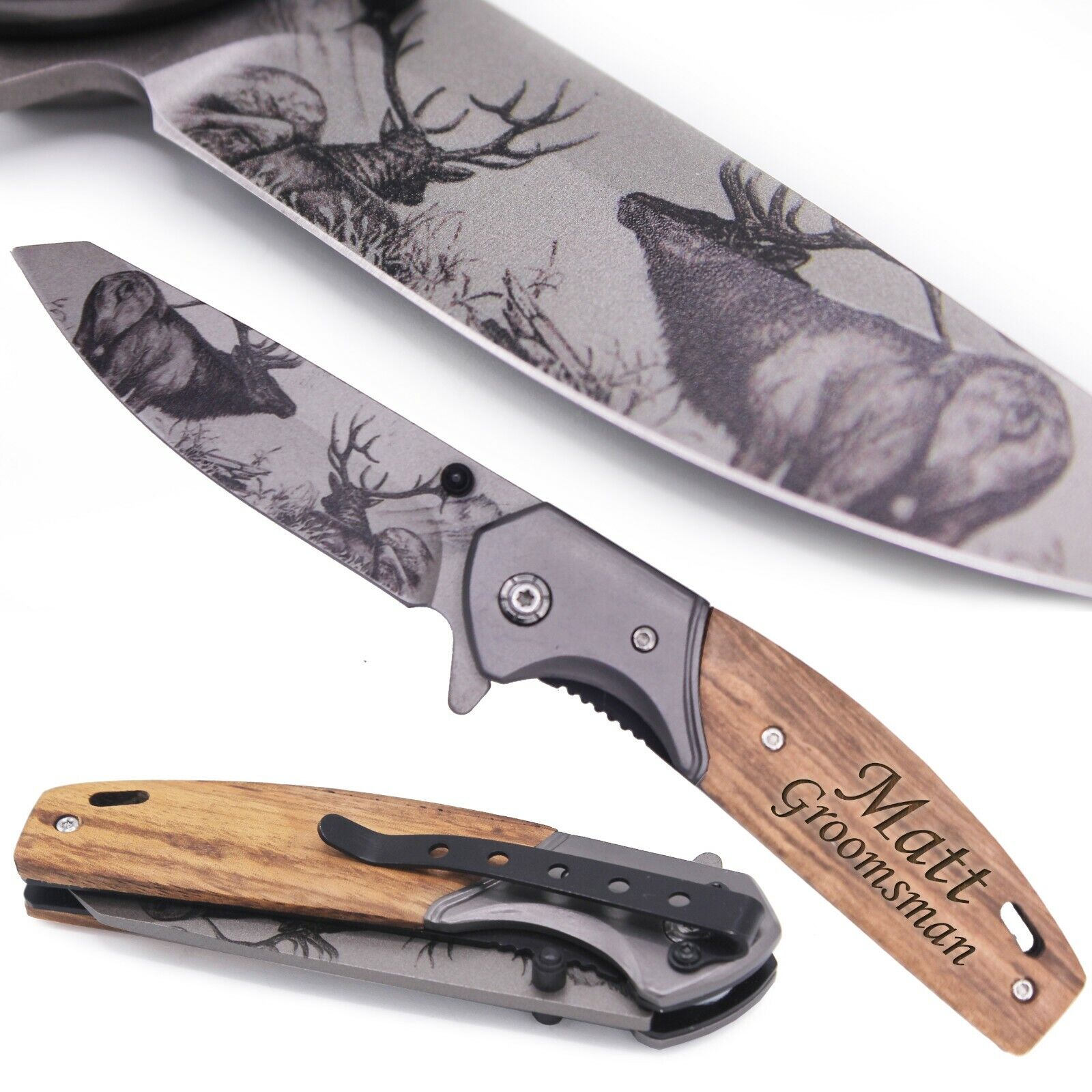 Personalized Folding Pocket Knife with Elk Blade