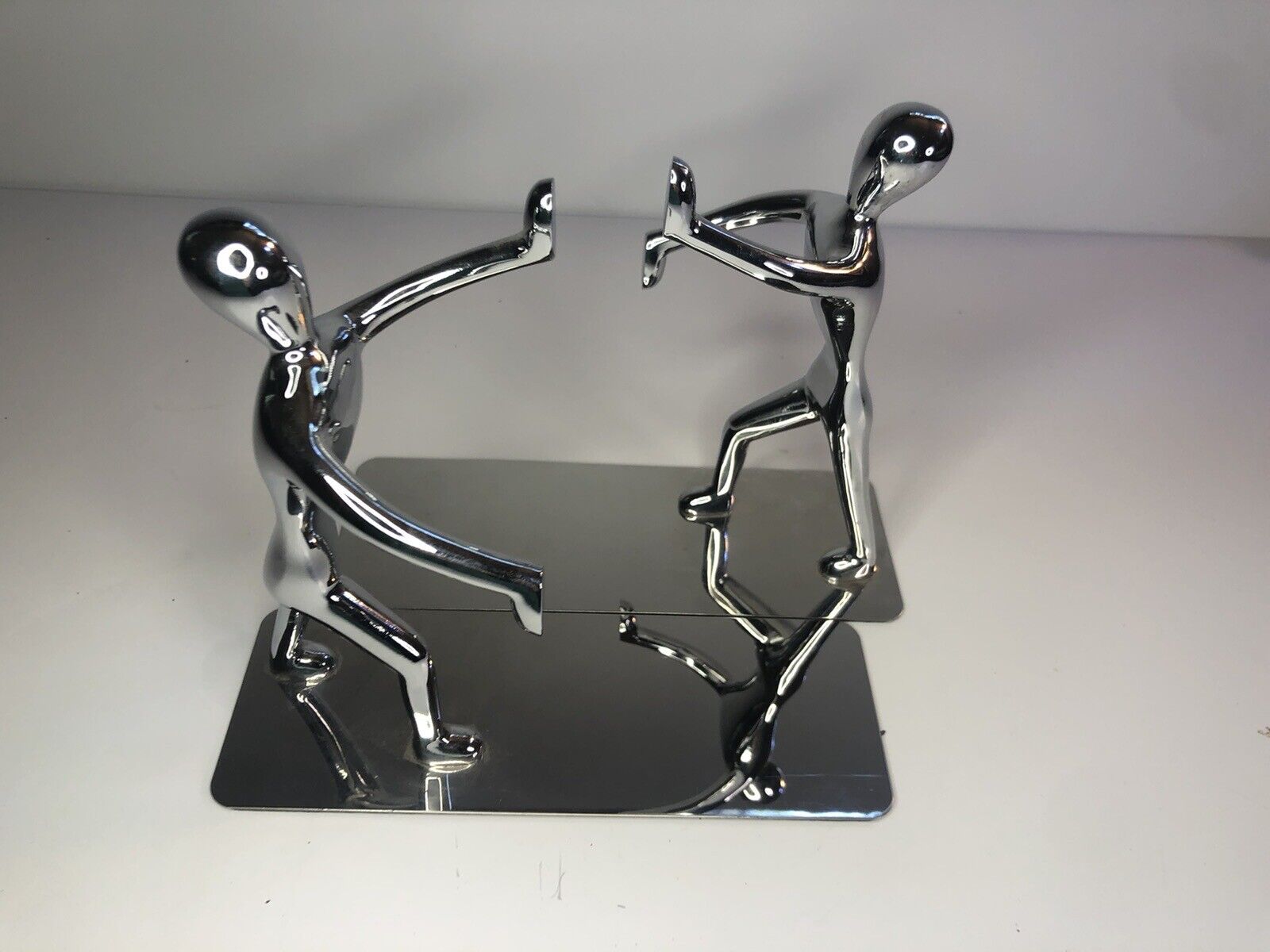 Pair of Pop Art Chrome Modern Man Abstract Figure Bookends Modernist Sculpture 
