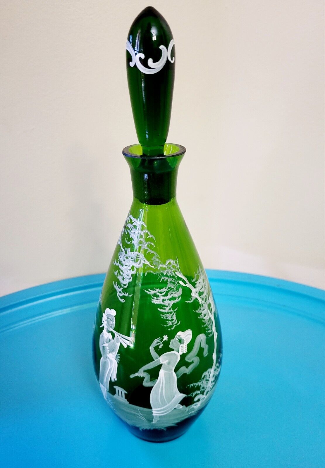 Vintage Handpainted Green Mary Gregory Decanter with Original Stopper