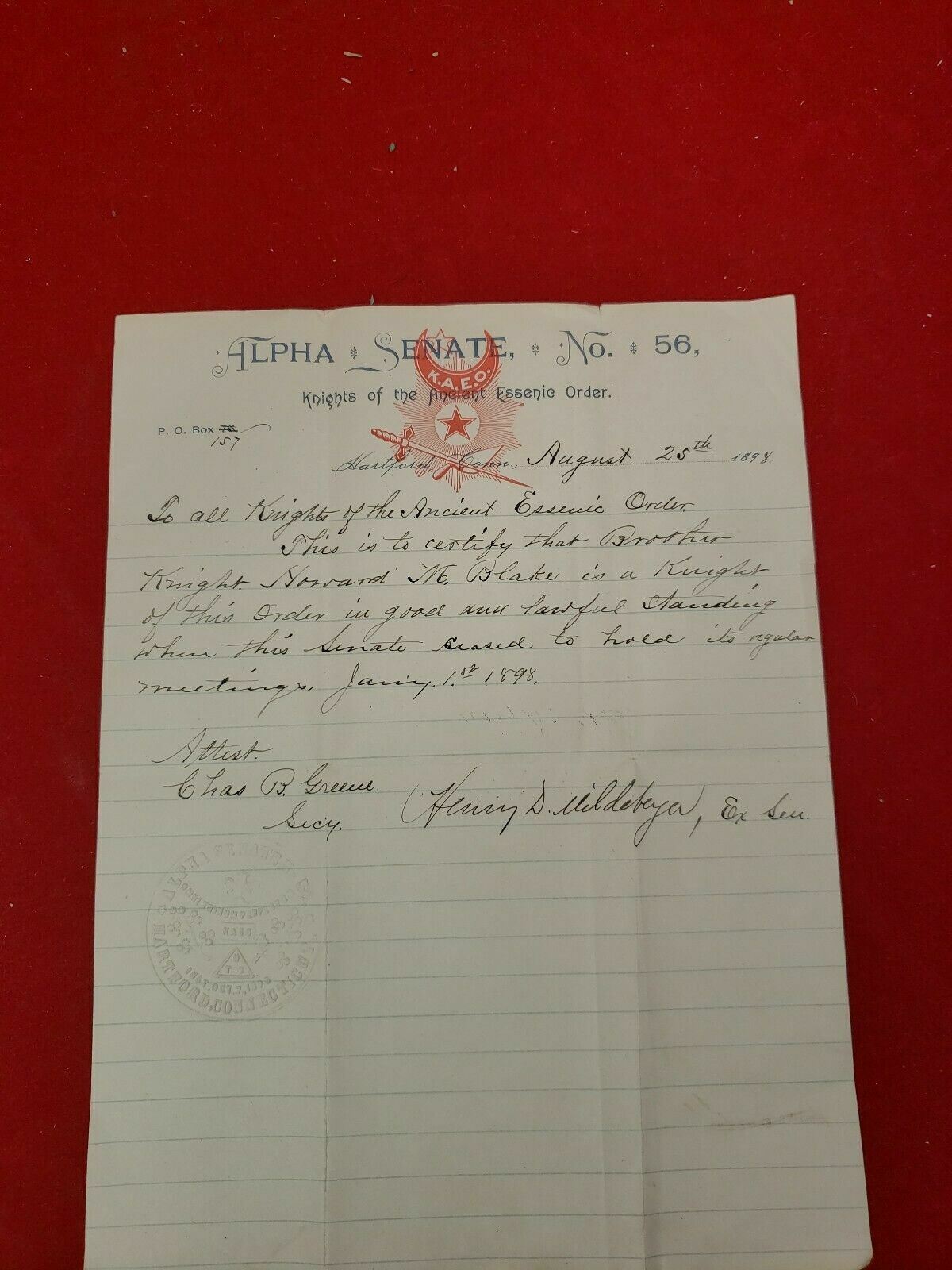 1898 Knights of the Ancient Essenie Order Alpha Senate letter of Knighthood
