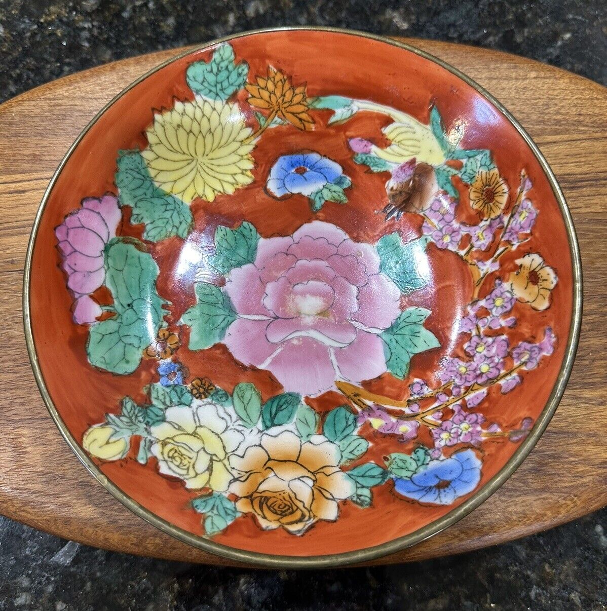 Decorative Brass-Encased Orange Floral Porcelain Bowl