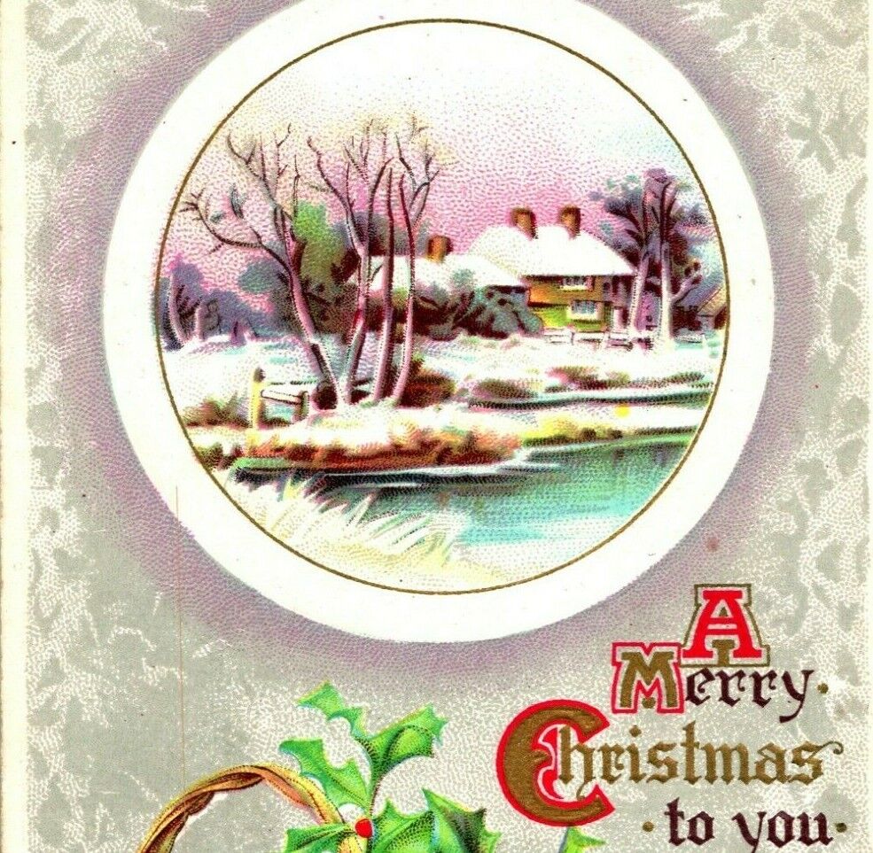 Vtg Postcard 1910 A Merry Christmas To You Cabin Holly Embossed John Winsch UNP