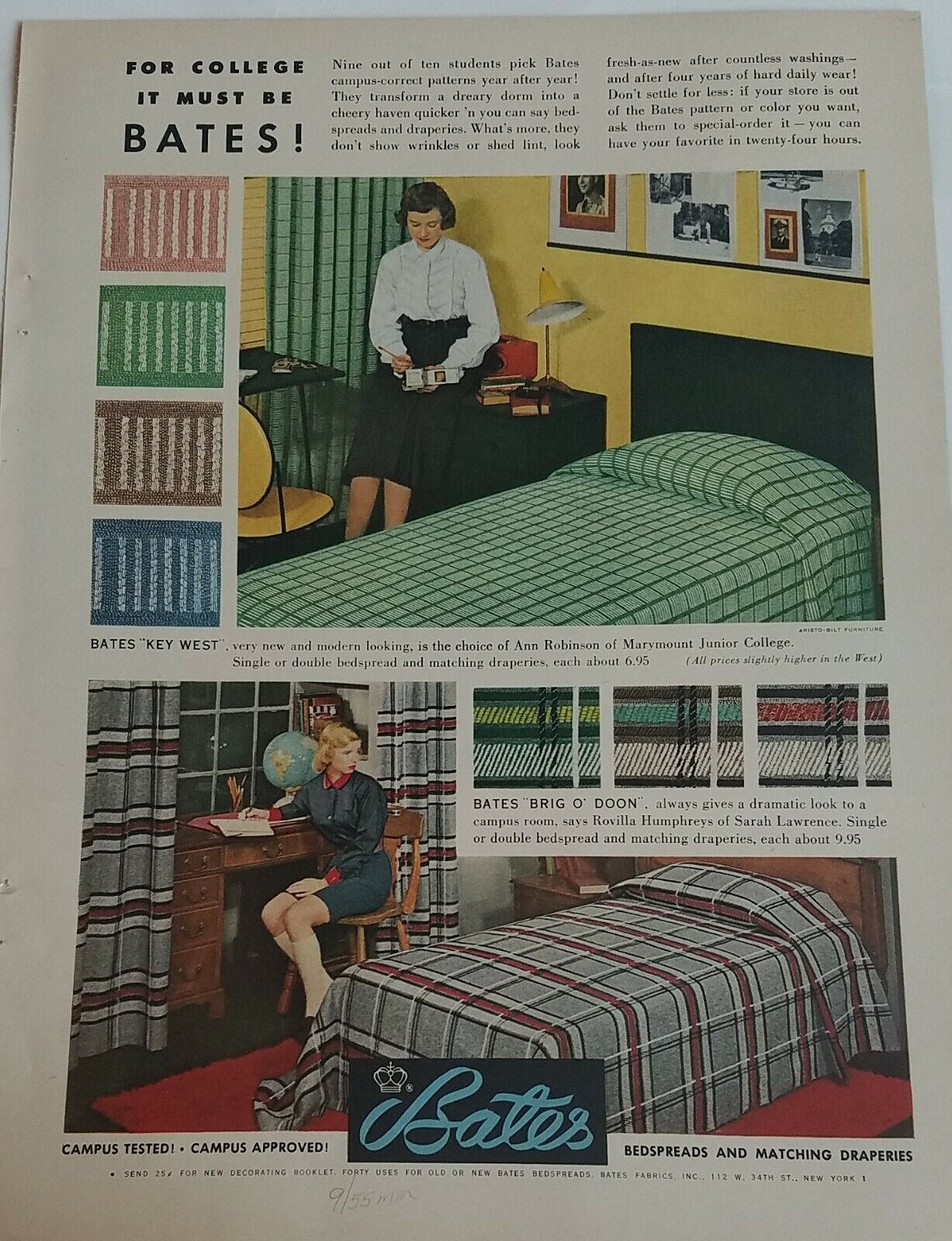1955 Bates bedspreads matching draperies vintage chenille ad