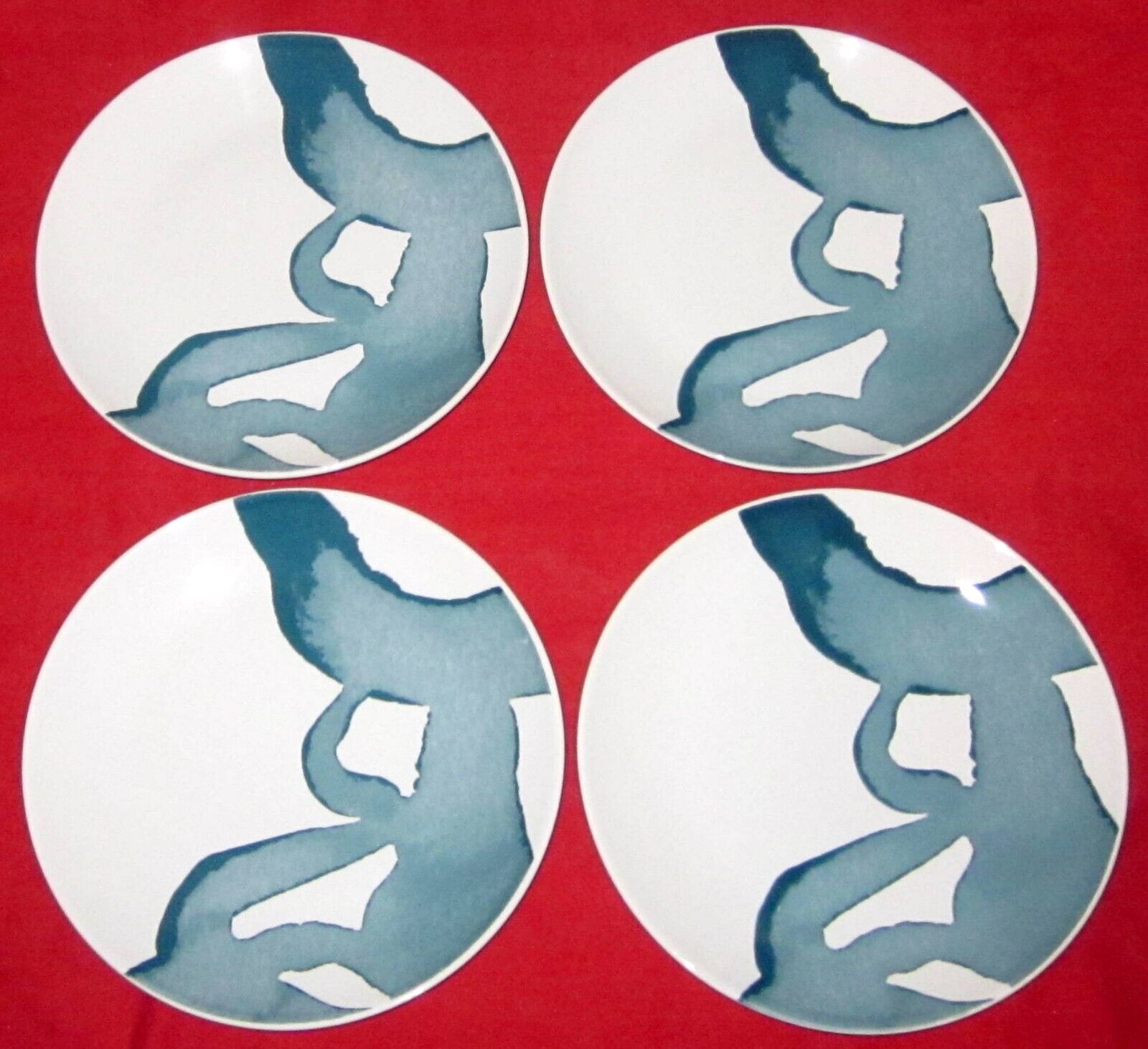 IKEA SET OF 4 SALAD PLATES 15541 8 1/4\'\' Portugal TEAL BLUE & WHITE ABSTRACT MOD