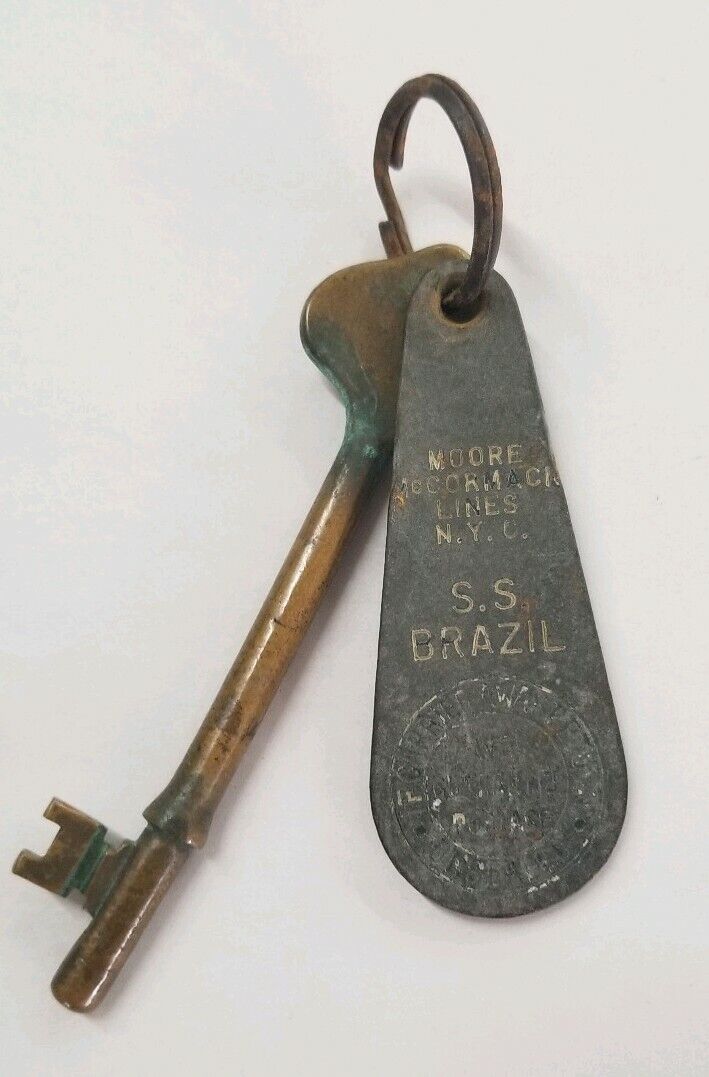 Rare Vintage 1940s S.S. Brazil Room Brass Key Leather Fob, Moore McCormack NYC 