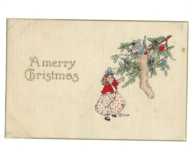 c1910s Merry Christmas Cute Girl Christmas Tree Stocking Elf HL Woehler Postcard