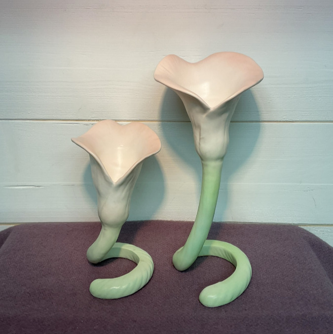 Fitz & Floyd Japan Ceramic Pink Green Cala Lilly Candlestick Holder - Set of 2