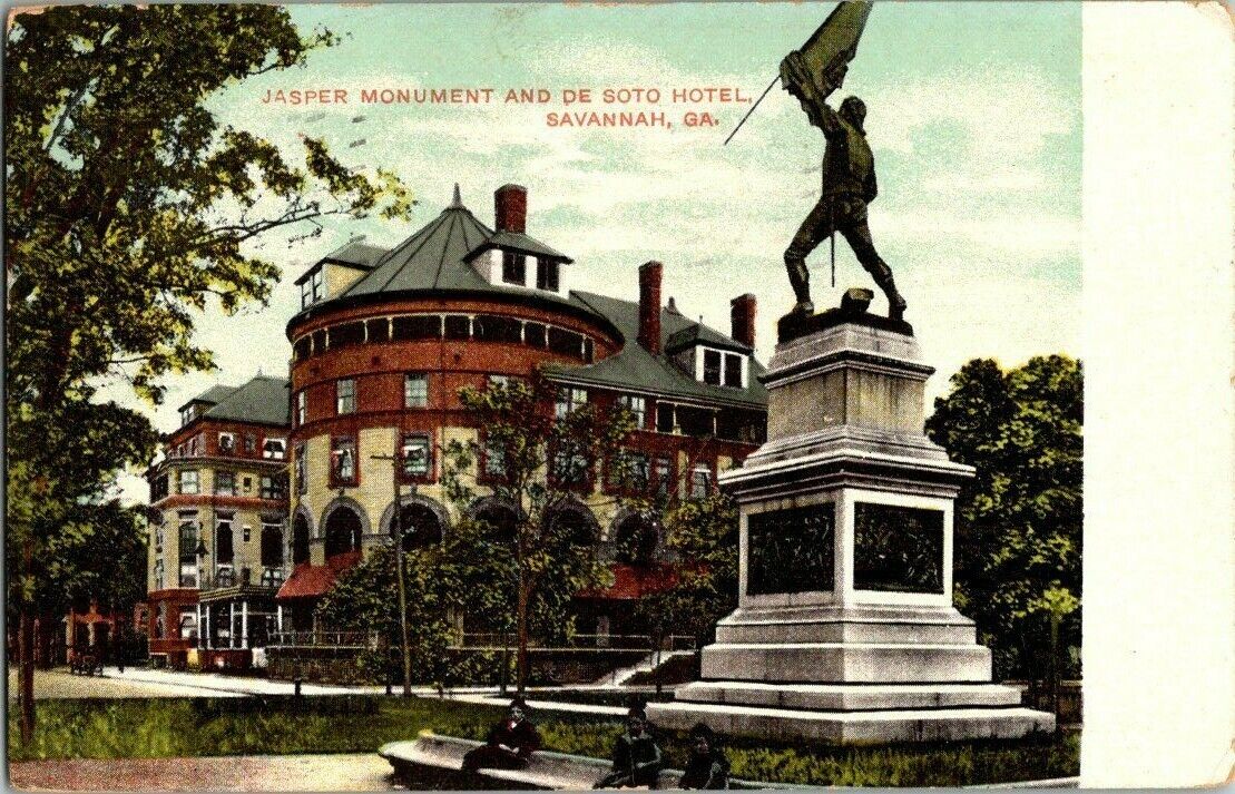 1908. SAVANNAH, GA. DE SOTO HOTEL, JASPER MONUMENT. POSTCARD.