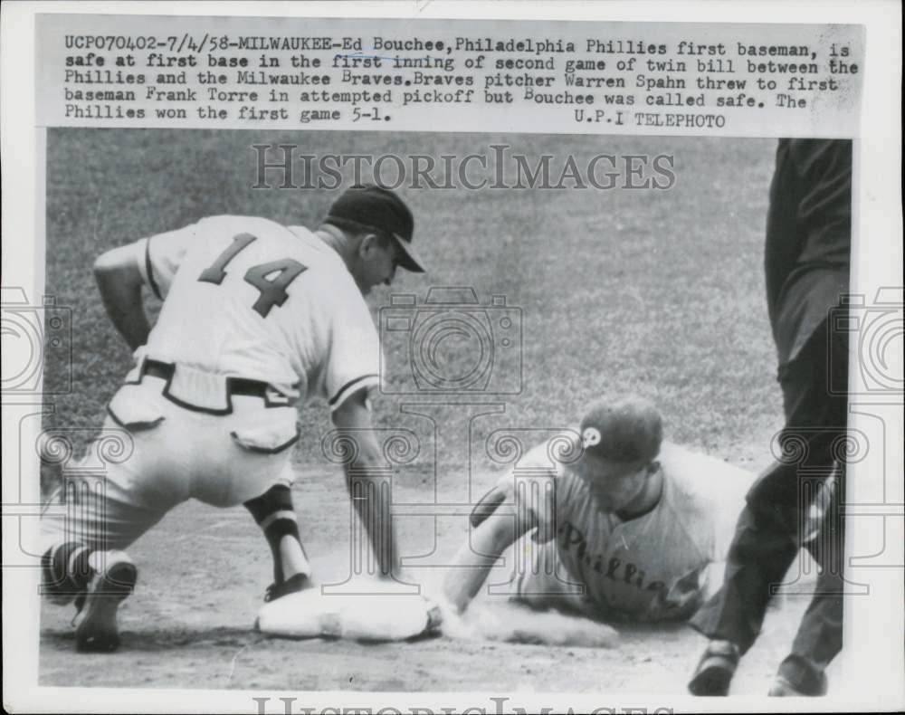 1958 Press Photo Philadelphia Phillies vs. Braves game action in Milwaukee WI