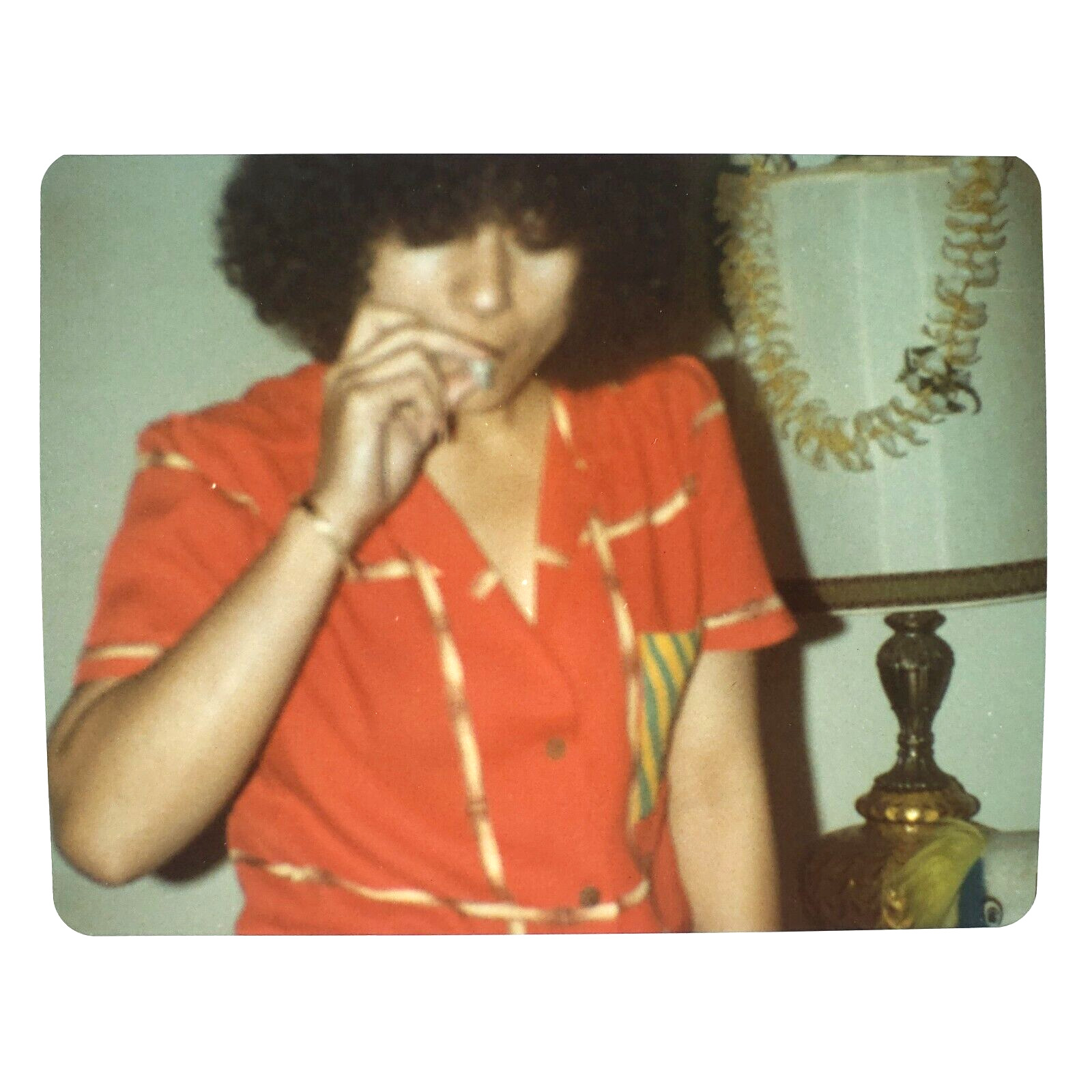 Candid Woman Smoking Joint Photo 1980s Curly-Haired Stoner Found Snapshot A4436