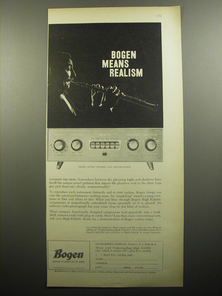 1957 Bogen PR100A Audio Control and Preamplifier Ad - Bogen means Realism