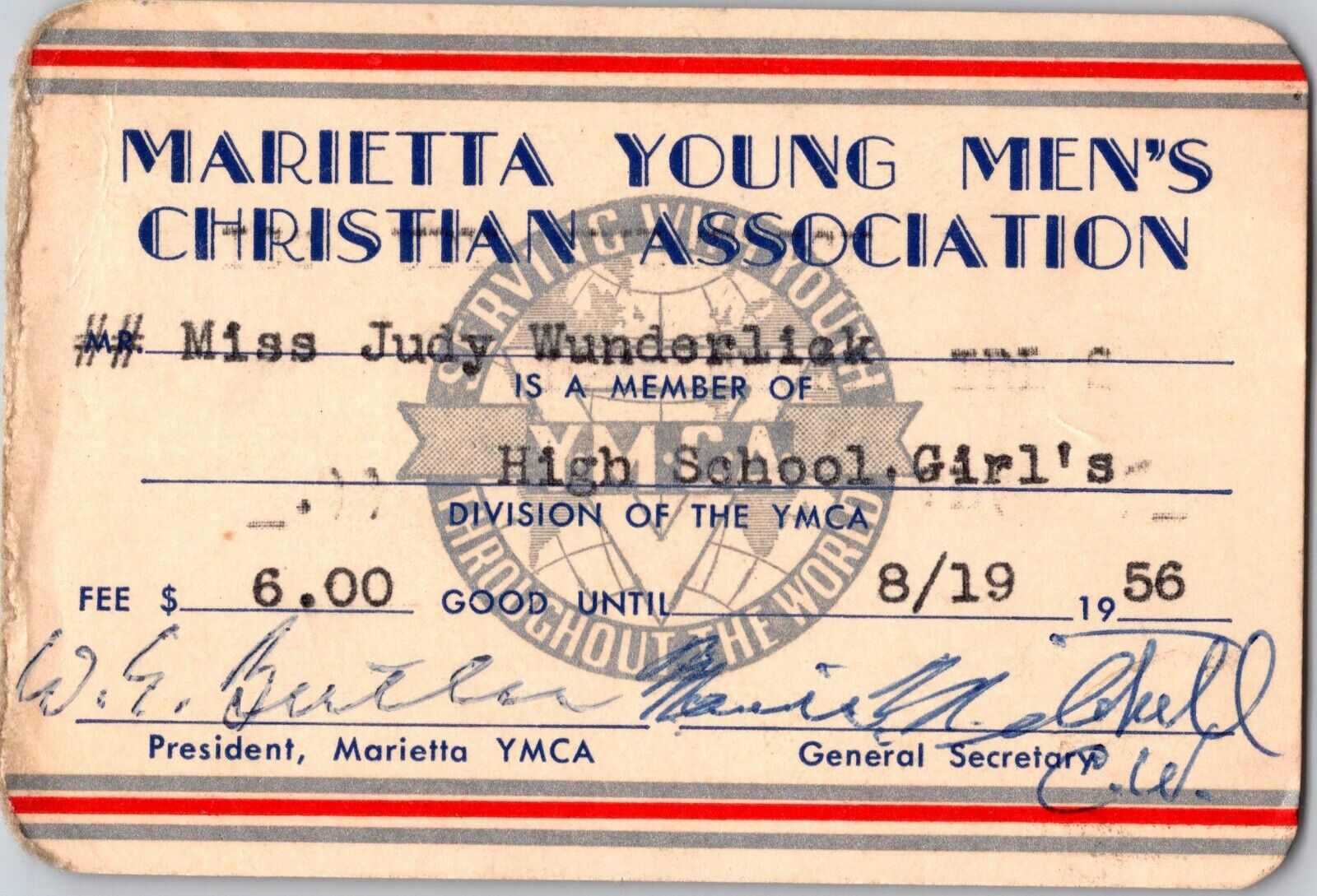 Marietta, Ohio Vintage 1956 YMCA High School Girls Membership Card YWCA