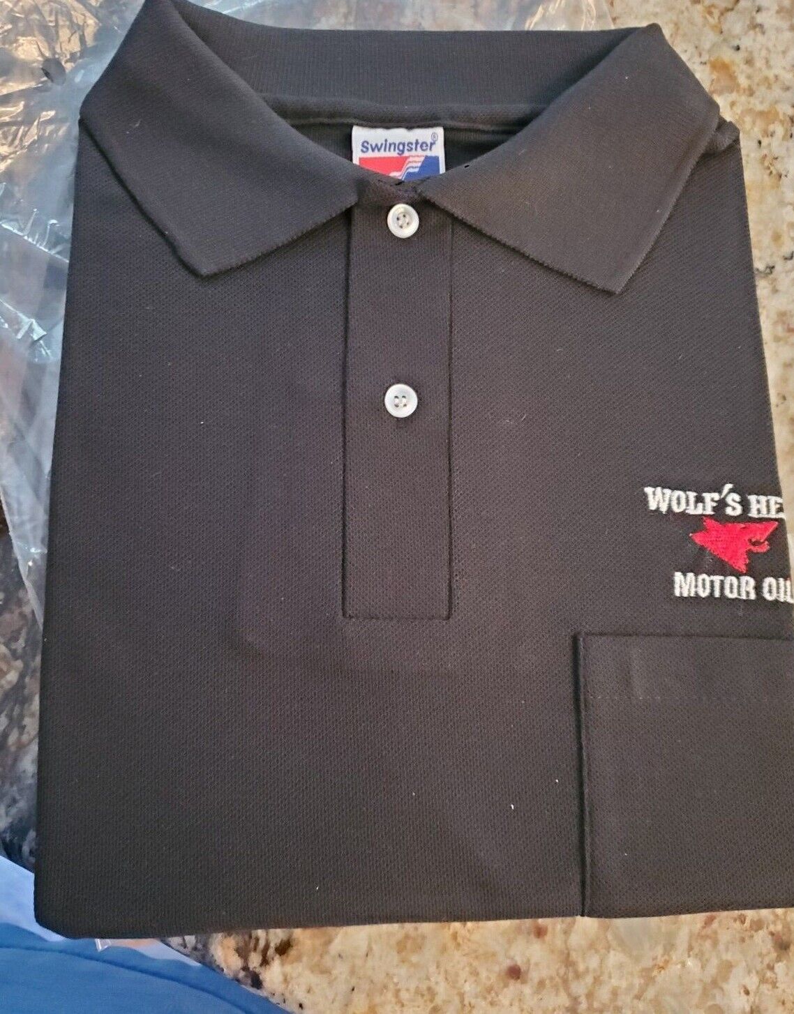 Rare Dealer Sales promo WOLF\'S HEAD OIL Sign Golf Shirt 1960s 1970s NOS Large